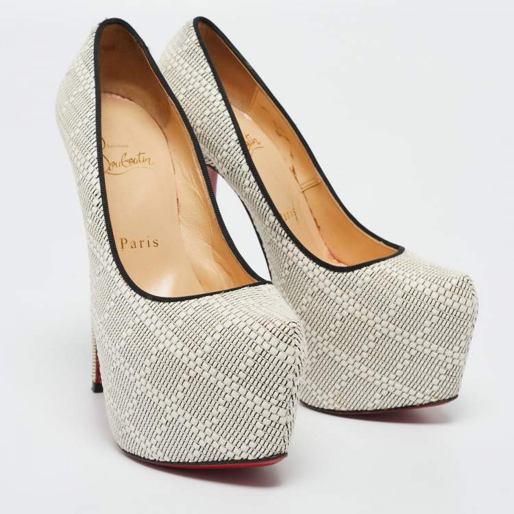 Pre Owned Christian Louboutin White/Black Raffia Daffodile Platform Pumps Size 36.5