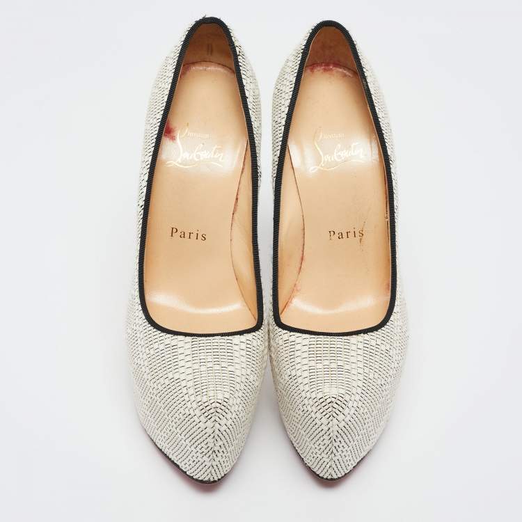 Pre Owned Christian Louboutin White/Black Raffia Daffodile Platform Pumps Size 36.5