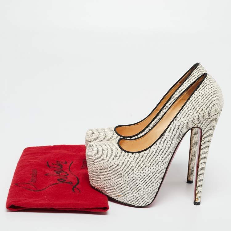 Pre Owned Christian Louboutin White/Black Raffia Daffodile Platform Pumps Size 36.5