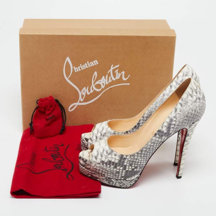 Pre Owned Christian Louboutin Grey/White Python Altadama Peep Toe Platform Pumps Size 37