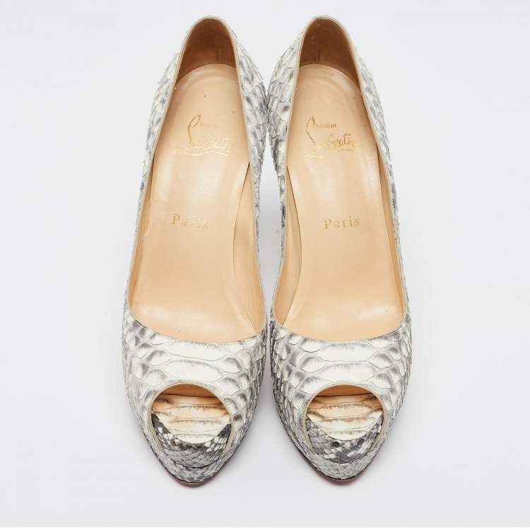 Pre Owned Christian Louboutin Grey/White Python Altadama Peep Toe Platform Pumps Size 37