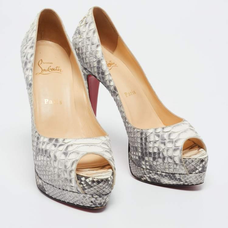 Pre Owned Christian Louboutin Grey/White Python Altadama Peep Toe Platform Pumps Size 37