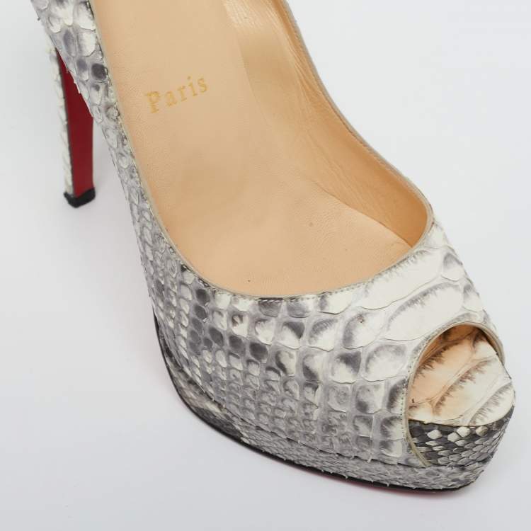 Pre Owned Christian Louboutin Grey/White Python Altadama Peep Toe Platform Pumps Size 37