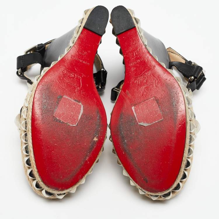 Pre Owned Christian Louboutin Black Studded Leather Cataclou Espadrille Wedge Sandals Size 37