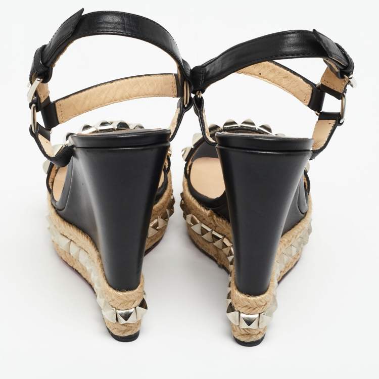 Pre Owned Christian Louboutin Black Studded Leather Cataclou Espadrille Wedge Sandals Size 37