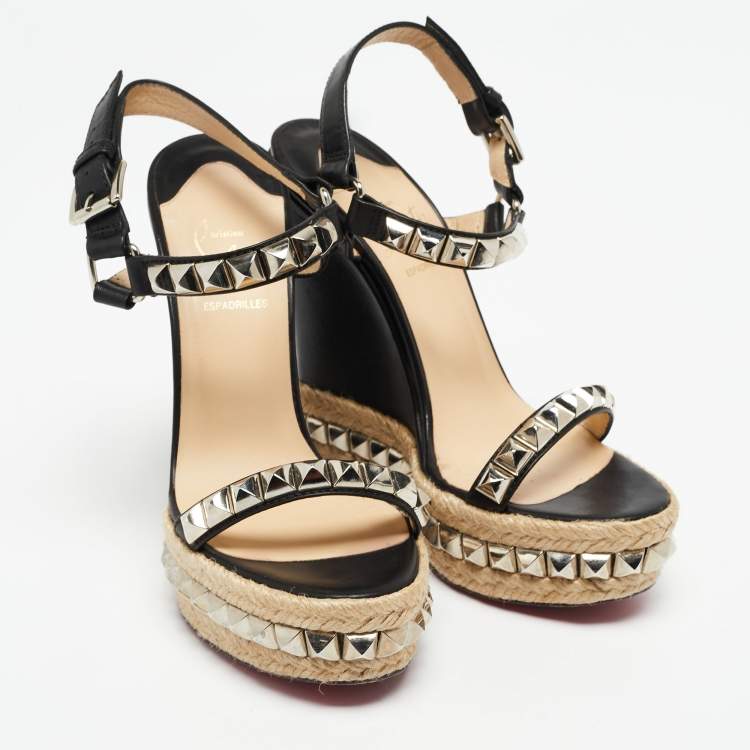 Pre Owned Christian Louboutin Black Studded Leather Cataclou Espadrille Wedge Sandals Size 37