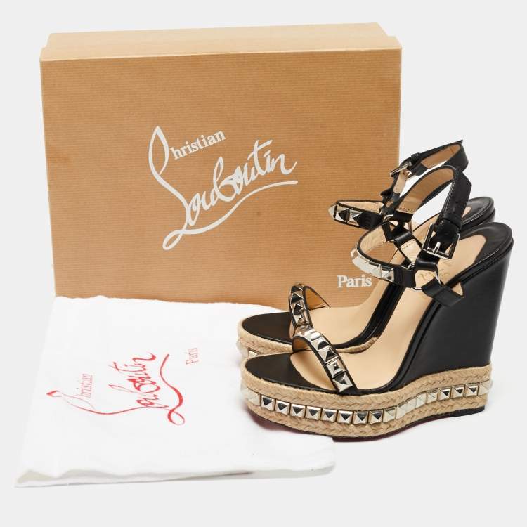 Pre Owned Christian Louboutin Black Studded Leather Cataclou Espadrille Wedge Sandals Size 37