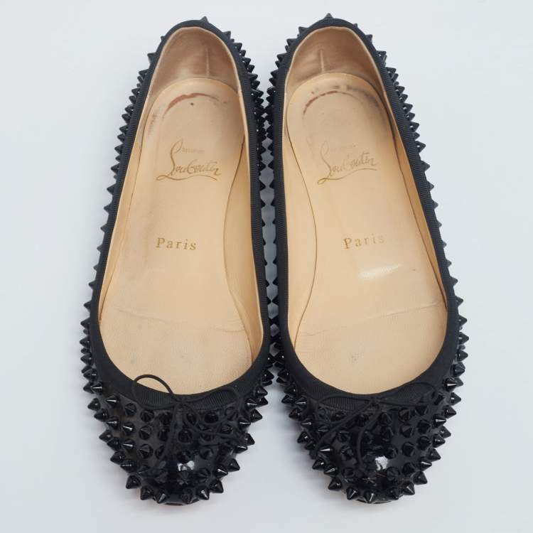 Pre Owned Christian Louboutin Black Patent Leather Sonietta Spikes Bow Ballet Flats Size 36.5