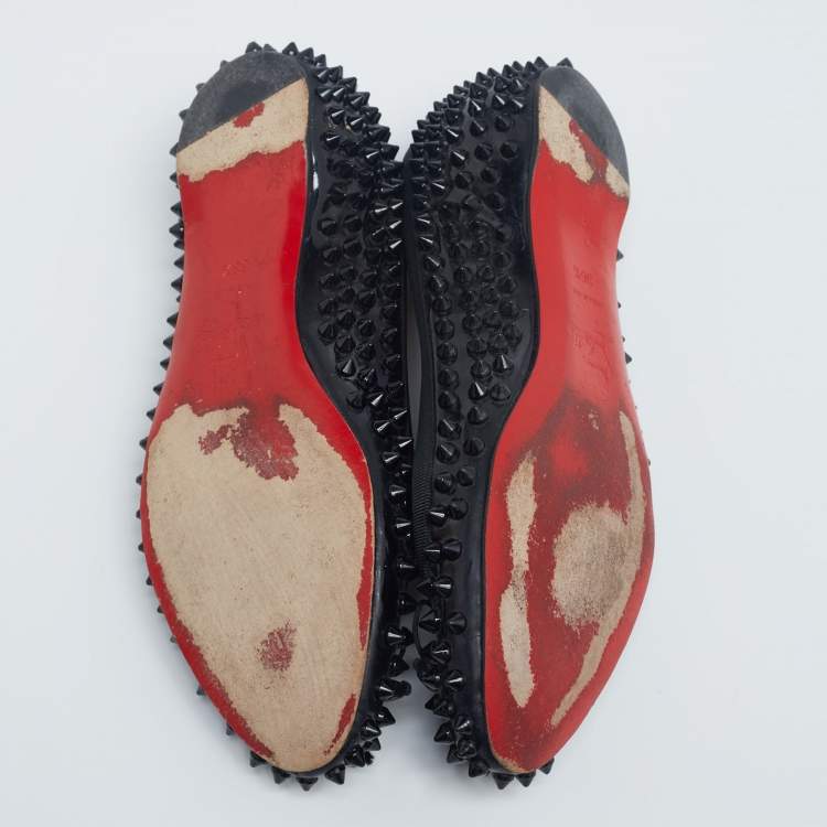 Pre Owned Christian Louboutin Black Patent Leather Sonietta Spikes Bow Ballet Flats Size 36.5