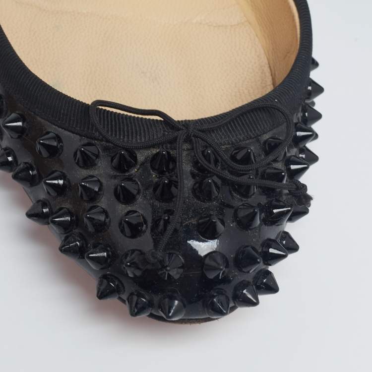 Pre Owned Christian Louboutin Black Patent Leather Sonietta Spikes Bow Ballet Flats Size 36.5