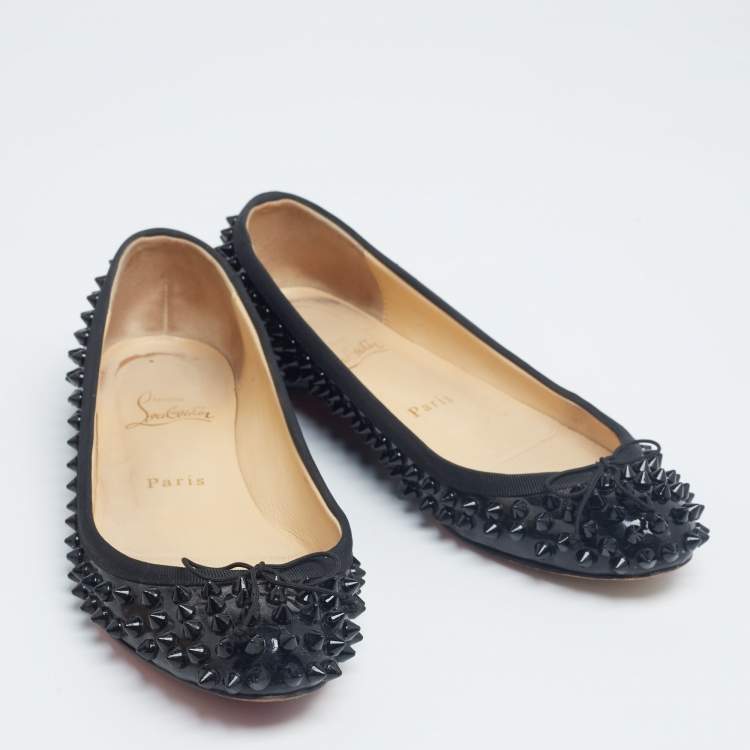 Pre Owned Christian Louboutin Black Patent Leather Sonietta Spikes Bow Ballet Flats Size 36.5