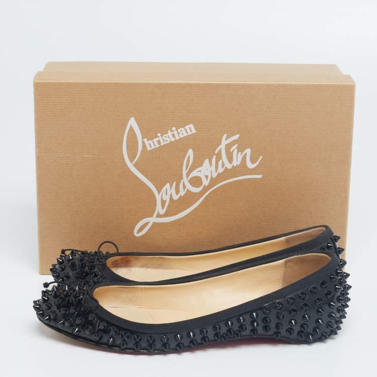 Pre Owned Christian Louboutin Black Patent Leather Sonietta Spikes Bow Ballet Flats Size 36.5