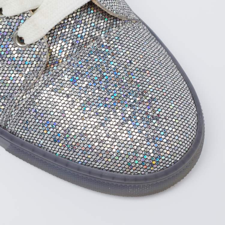 Pre Owned Christian Louboutin Silver Glitter Disco Ball Rantus Orlato High Top Sneakers Size 38.5