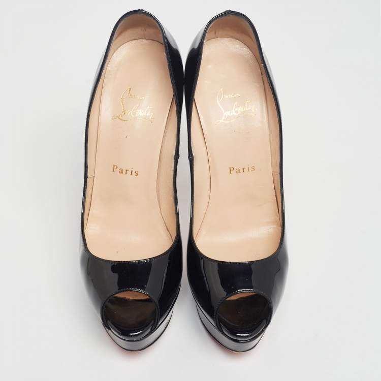 Pre Owned Christian Louboutin Black Patent Leather Lady Peep-Toe Pumps Size 38