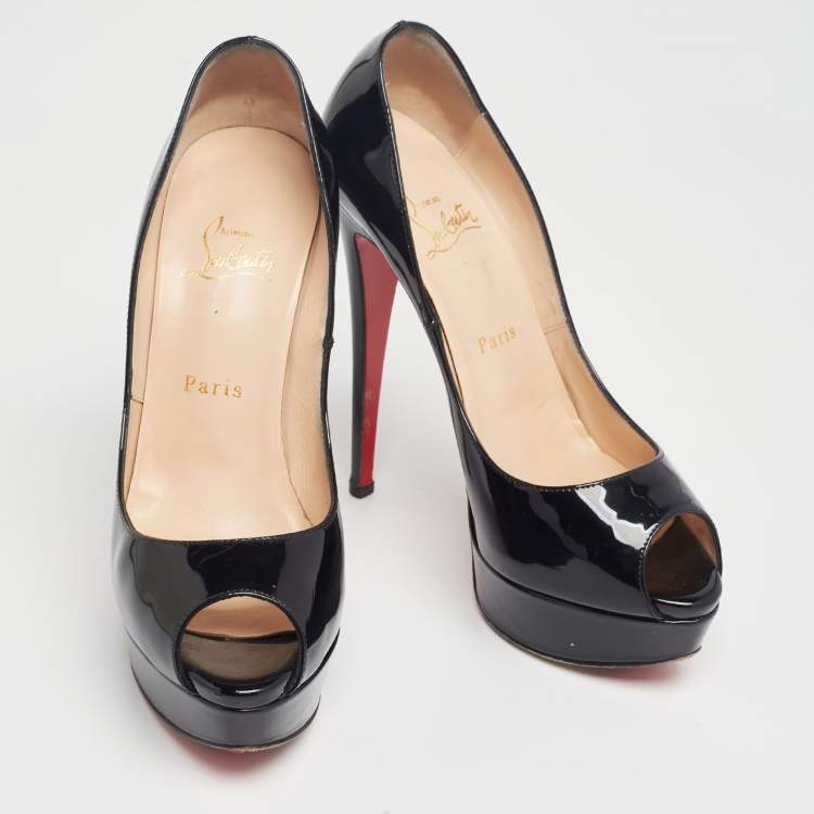 Pre Owned Christian Louboutin Black Patent Leather Lady Peep-Toe Pumps Size 38