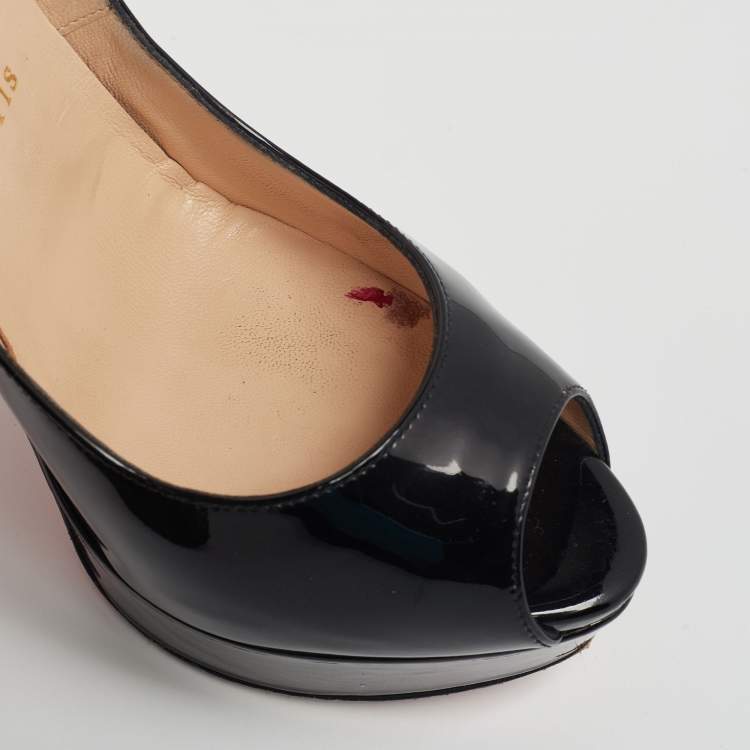 Pre Owned Christian Louboutin Black Patent Leather Lady Peep-Toe Pumps Size 38