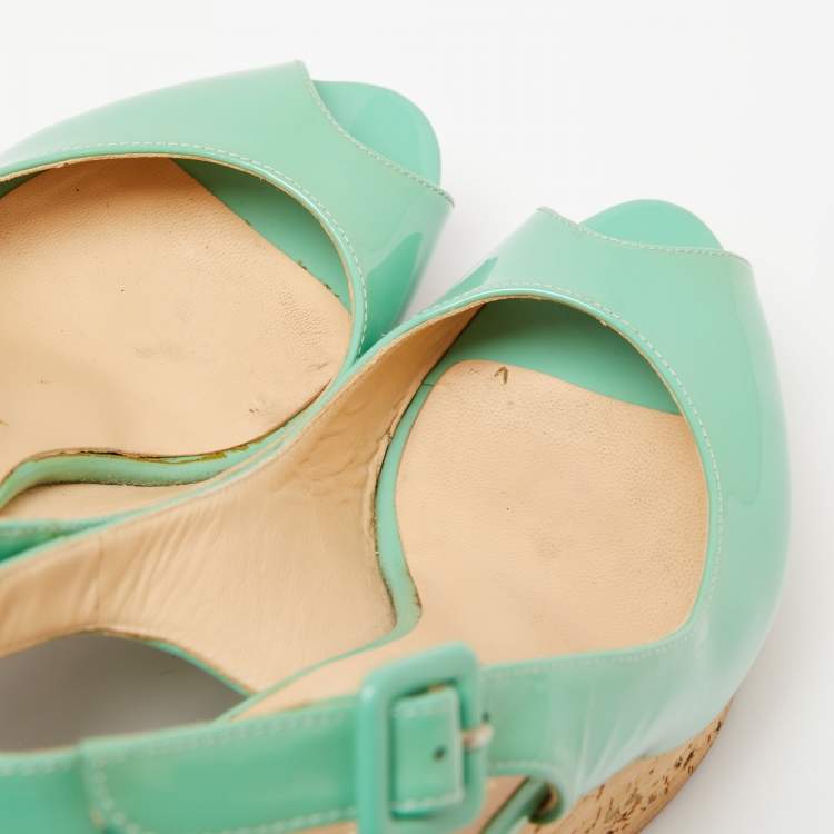 Pre Owned Christian Louboutin Green Patent Leather Peep Toe Wedge Sandals Size 36