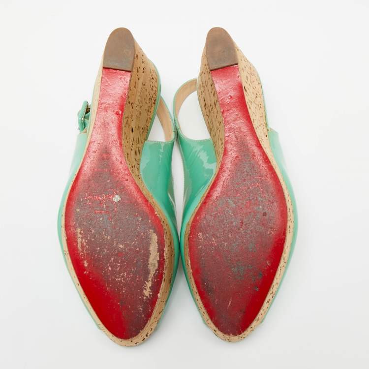 Pre Owned Christian Louboutin Green Patent Leather Peep Toe Wedge Sandals Size 36