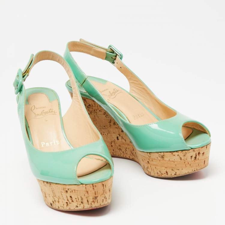 Pre Owned Christian Louboutin Green Patent Leather Peep Toe Wedge Sandals Size 36