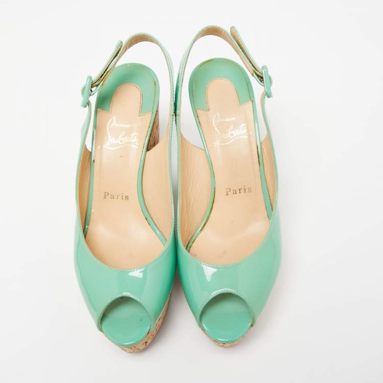 Pre Owned Christian Louboutin Green Patent Leather Peep Toe Wedge Sandals Size 36