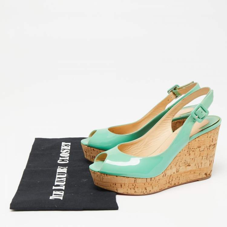 Pre Owned Christian Louboutin Green Patent Leather Peep Toe Wedge Sandals Size 36