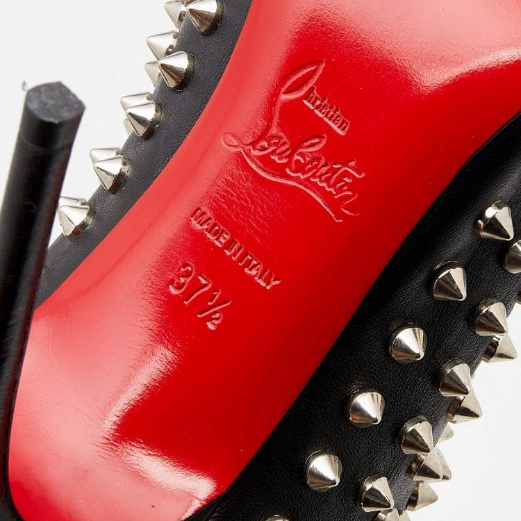 مملوكة مسبقًا Christian Louboutin Black Leather Spiked Guerilla Peep Toe Slouchy Ankle Boots Size 37.5