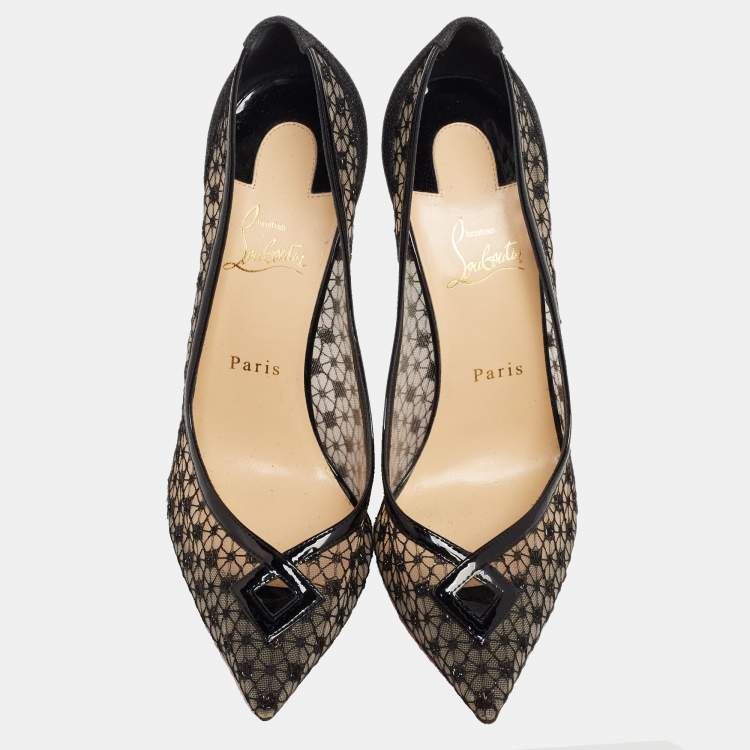 Pre Owned Christian Louboutin Black Lace and Mesh Neoalto Pointed-Toe Pumps Size 41