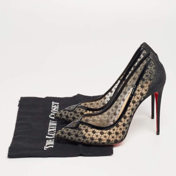 Pre Owned Christian Louboutin Black Lace and Mesh Neoalto Pointed-Toe Pumps Size 41