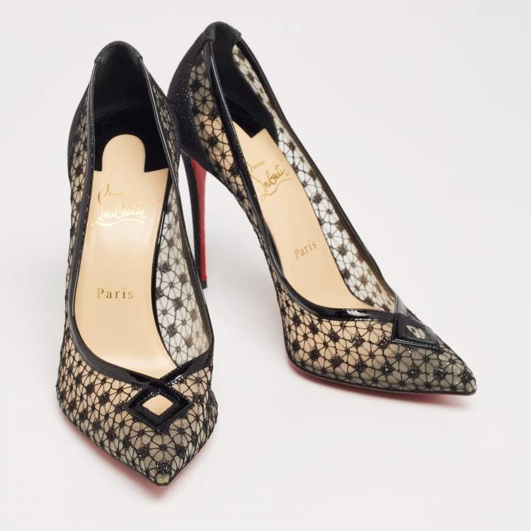 Pre Owned Christian Louboutin Black Lace and Mesh Neoalto Pointed-Toe Pumps Size 41