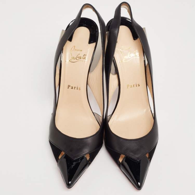 Pre Owned Christian Louboutin Black Patent and Leather and PVC Air Chance Slingback Pumps Size 39.5