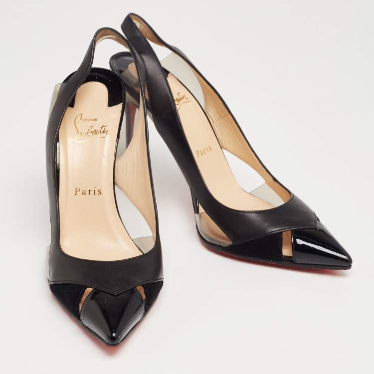 Pre Owned Christian Louboutin Black Patent and Leather and PVC Air Chance Slingback Pumps Size 39.5