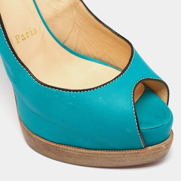 Pre Owned Christian Louboutin Turquoise Leather Peep-Toe Platform Slingback Sandals Size 38.5