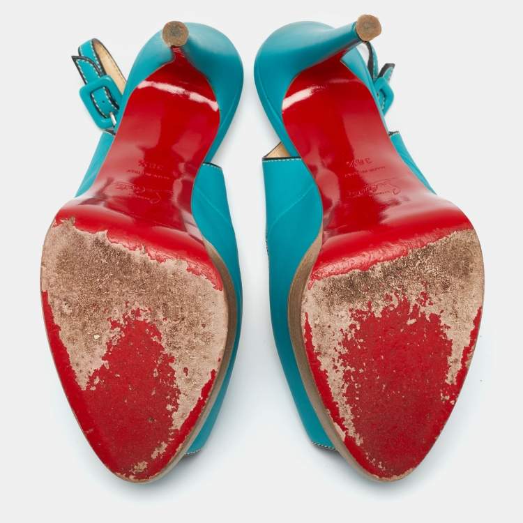 Pre Owned Christian Louboutin Turquoise Leather Peep-Toe Platform Slingback Sandals Size 38.5