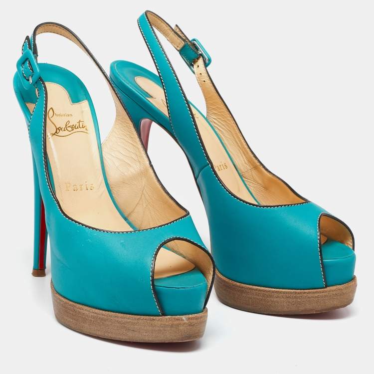 Pre Owned Christian Louboutin Turquoise Leather Peep-Toe Platform Slingback Sandals Size 38.5