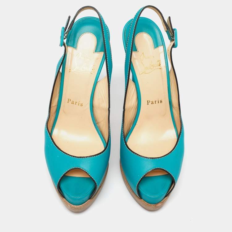 Pre Owned Christian Louboutin Turquoise Leather Peep-Toe Platform Slingback Sandals Size 38.5