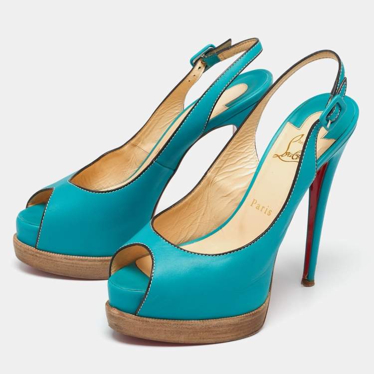 Pre Owned Christian Louboutin Turquoise Leather Peep-Toe Platform Slingback Sandals Size 38.5