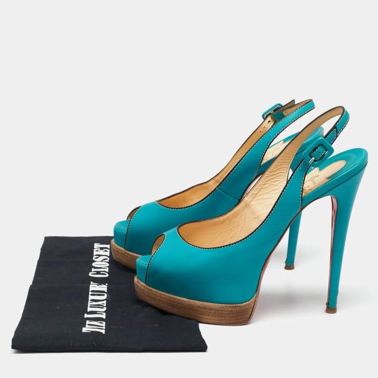 Pre Owned Christian Louboutin Turquoise Leather Peep-Toe Platform Slingback Sandals Size 38.5