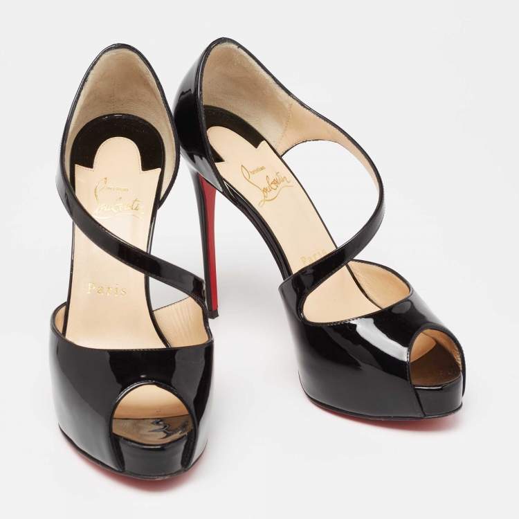 Pre Owned Christian Louboutin Black Patent Leather Catchy Two Peep-Toe Pumps Size 37
