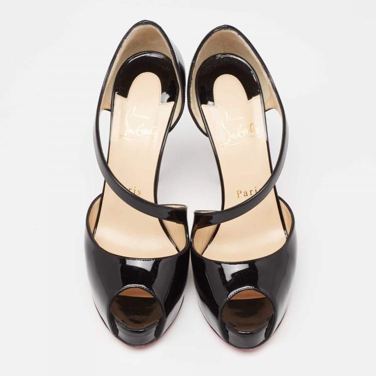 Pre Owned Christian Louboutin Black Patent Leather Catchy Two Peep-Toe Pumps Size 37