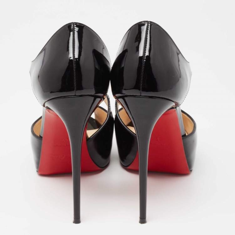 Pre Owned Christian Louboutin Black Patent Leather Catchy Two Peep-Toe Pumps Size 37