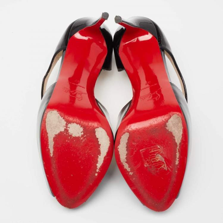 Pre Owned Christian Louboutin Black Patent Leather Catchy Two Peep-Toe Pumps Size 37