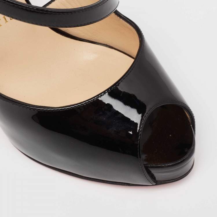 Pre Owned Christian Louboutin Black Patent Leather Catchy Two Peep-Toe Pumps Size 37