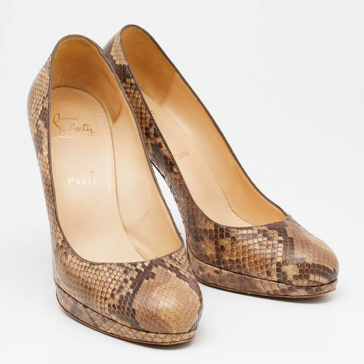 Pre Owned Christian Louboutin Brown/Beige Python Leather New Simple Platform Pumps Size 38.5