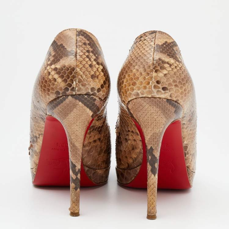 Pre Owned Christian Louboutin Brown/Beige Python Leather New Simple Platform Pumps Size 38.5