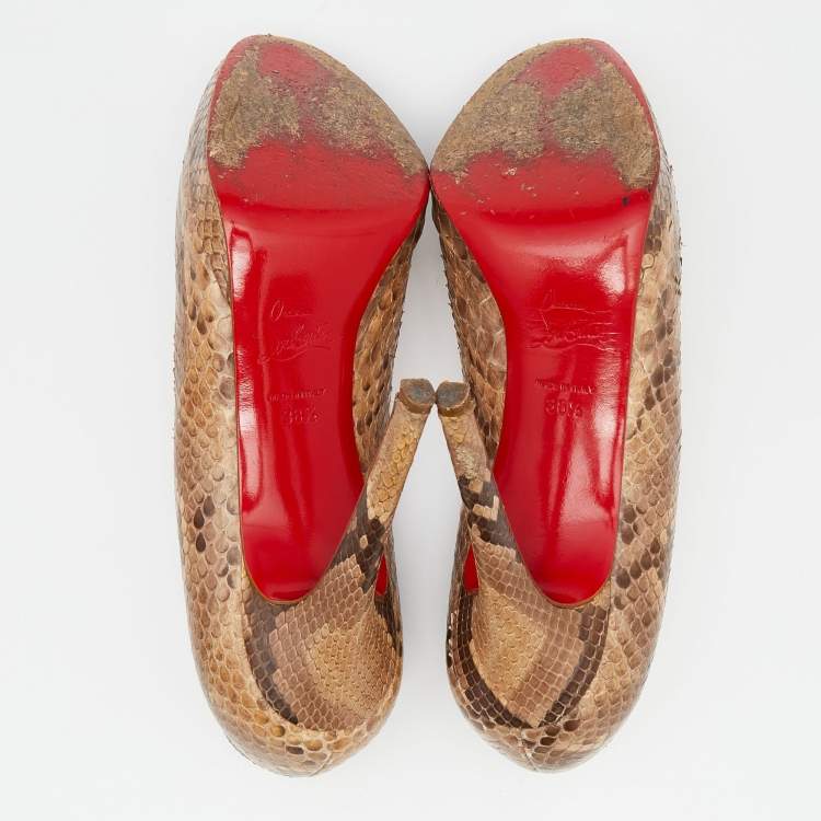 Pre Owned Christian Louboutin Brown/Beige Python Leather New Simple Platform Pumps Size 38.5