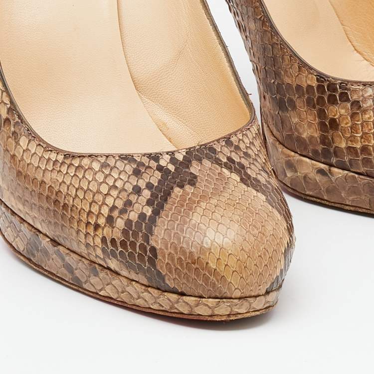 Pre Owned Christian Louboutin Brown/Beige Python Leather New Simple Platform Pumps Size 38.5