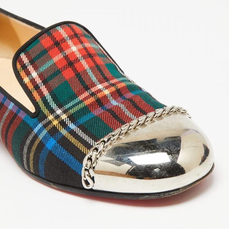 مملوكة مسبقًا Christian Louboutin Multicolor Fabric Rollergirl Chain-Link Smoking Slippers Size 38.5