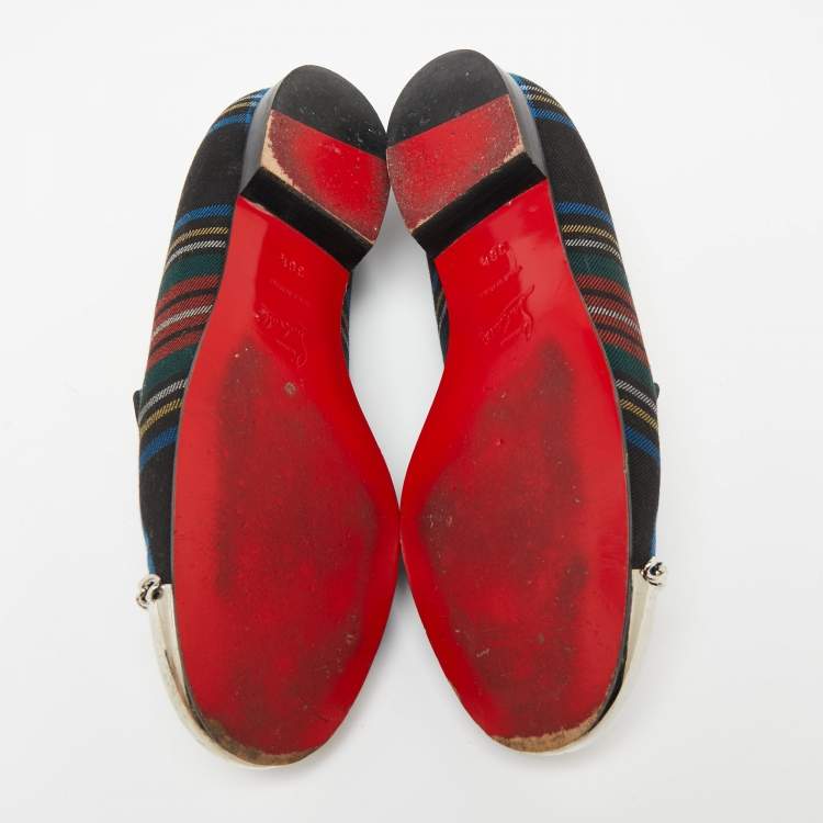 مملوكة مسبقًا Christian Louboutin Multicolor Fabric Rollergirl Chain-Link Smoking Slippers Size 38.5