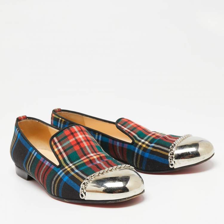 مملوكة مسبقًا Christian Louboutin Multicolor Fabric Rollergirl Chain-Link Smoking Slippers Size 38.5
