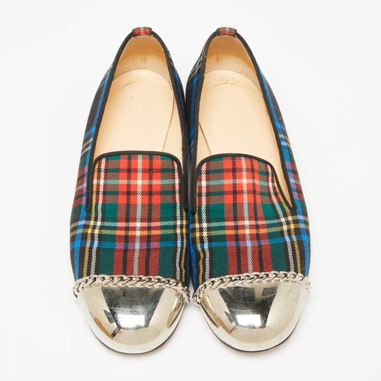 مملوكة مسبقًا Christian Louboutin Multicolor Fabric Rollergirl Chain-Link Smoking Slippers Size 38.5
